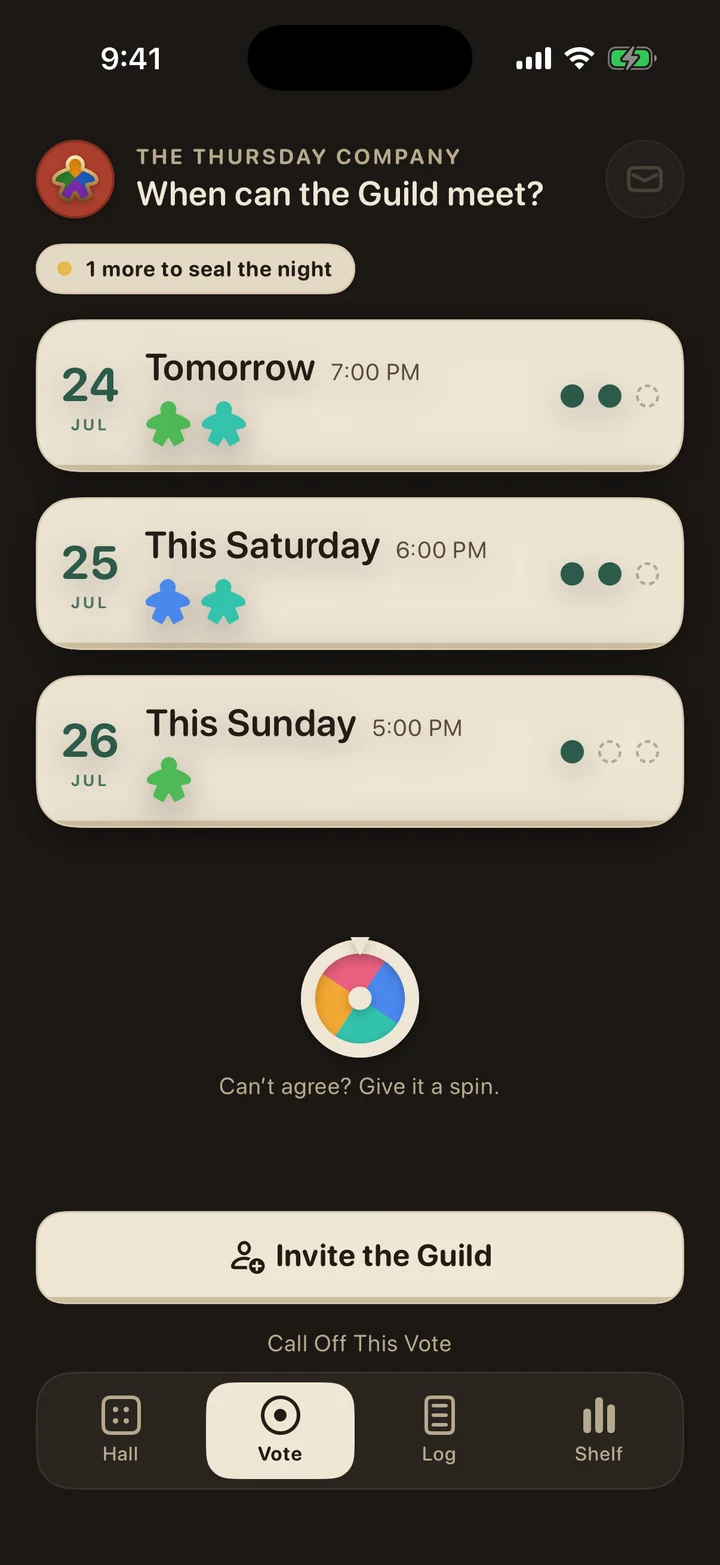 The Vote screen — three candidate nights with the Guild's meeples dropped on their picks